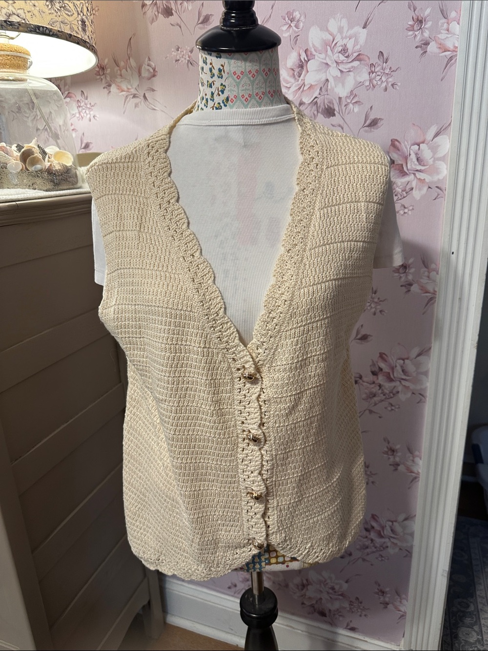Cream Crochet Button-Front Women's Vest Sweater